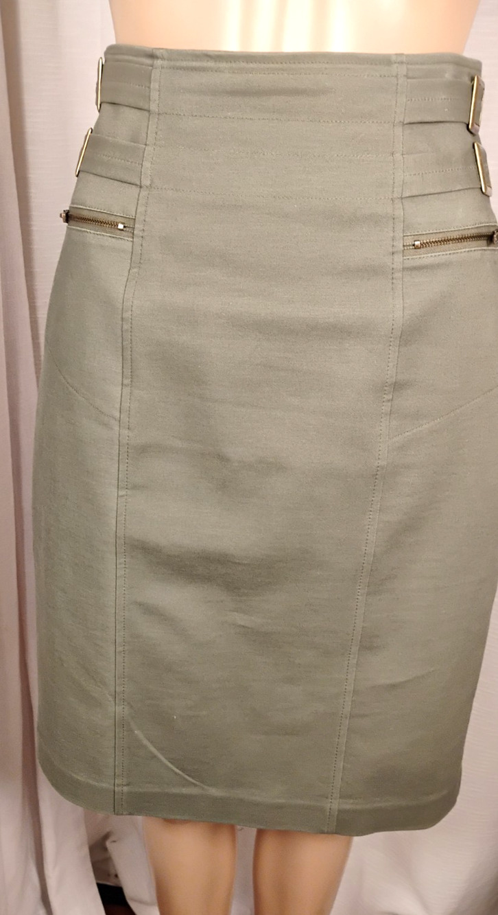 Olive Pencil Skirt Belted Waist Zip Pocket Back Pleat Cotton Office Minimalist 8